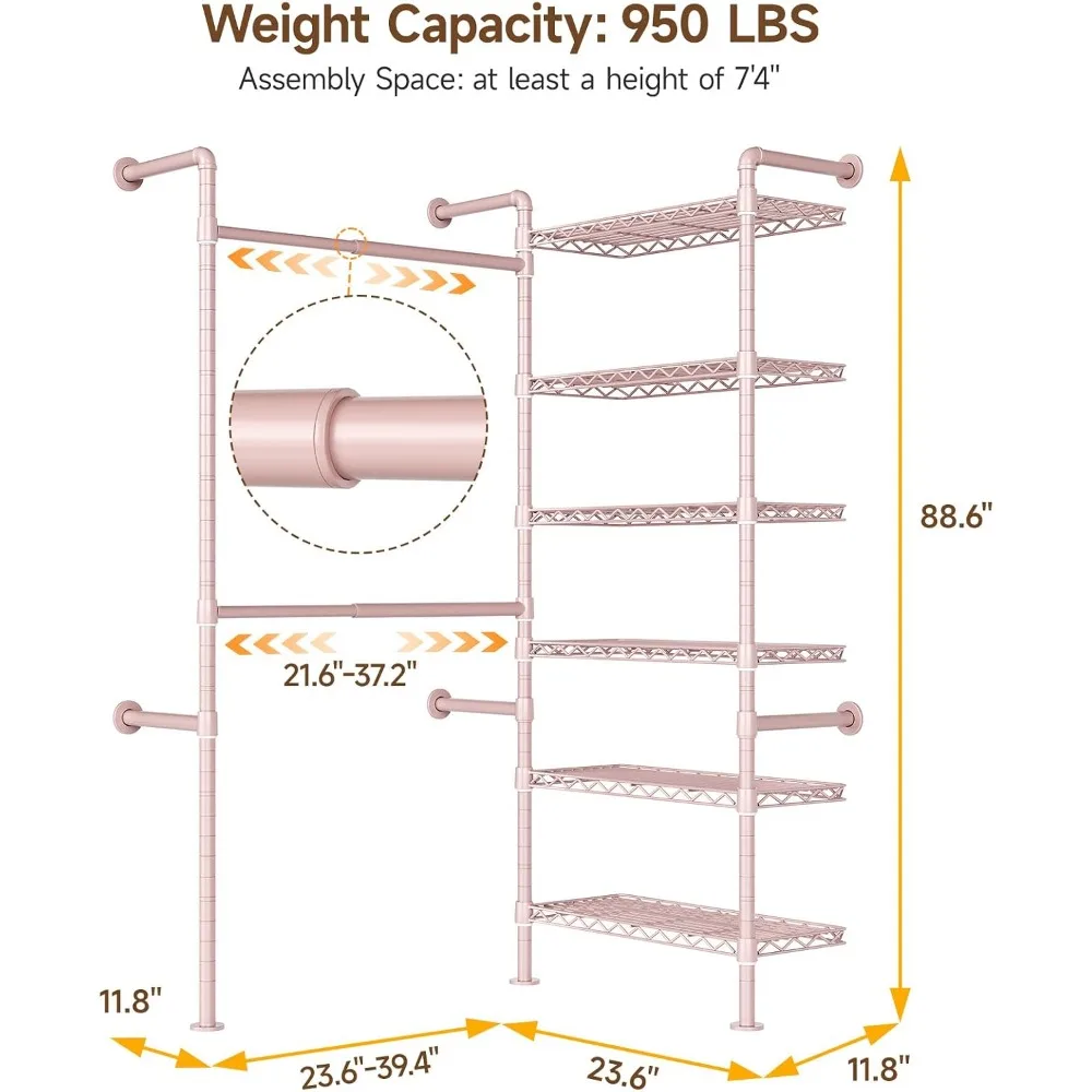 Wall Mounted Closet System Industrial Pipe Clothing Rack Pink