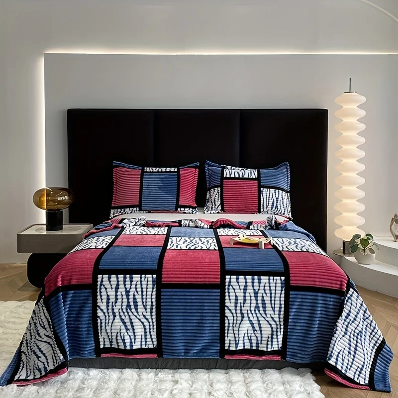 1pc Printed Patchwork Checkered Plush Blanket Multi-Purpose Cover Nap Air Conditioner Sofa Shawl Office