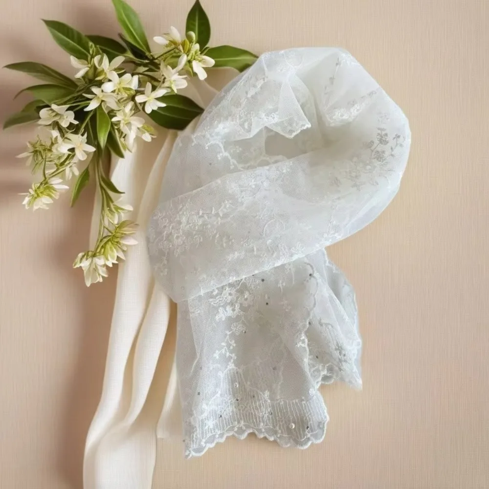 

Casual Retro Women's Lace Scarf Long Korean Version Sunscreen Shawl with Pearls Embroidered Flower Female Headscarf