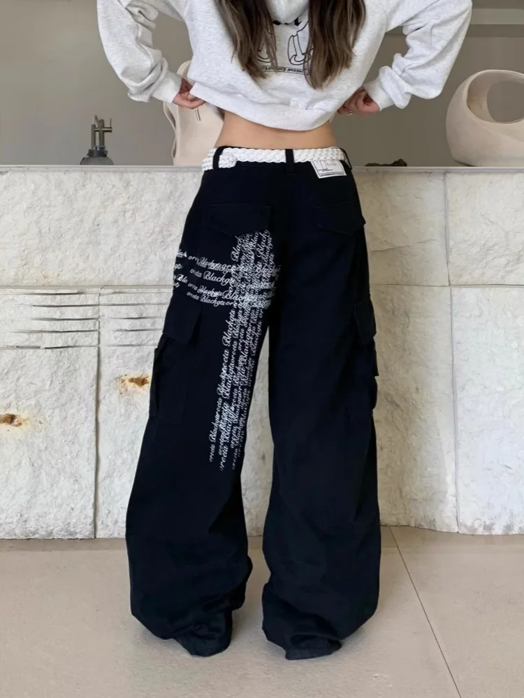 2025 Cyber Y2K Lettera di moda stampata Pantaloni jeans cargo larghi neri per abbigliamento donna Pantaloni lunghi in cotone dritto Ropa Mujer