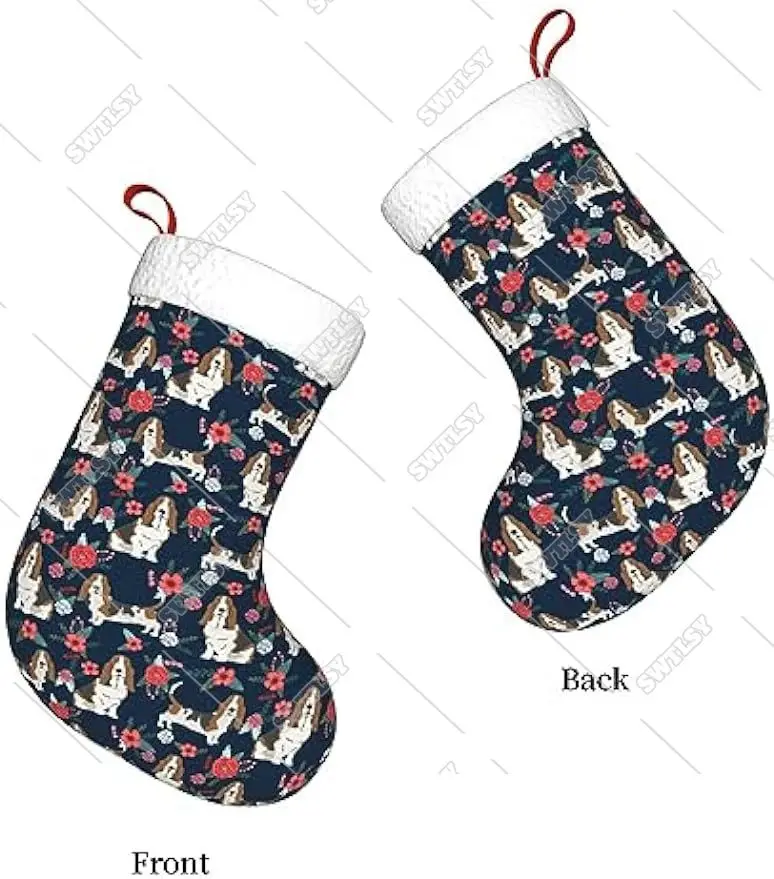 Basset Hound Floral Dog Dog with Flowers Navy Blue Christmas Stockings Stockings Decorations,Xmas Fireplace Hanging