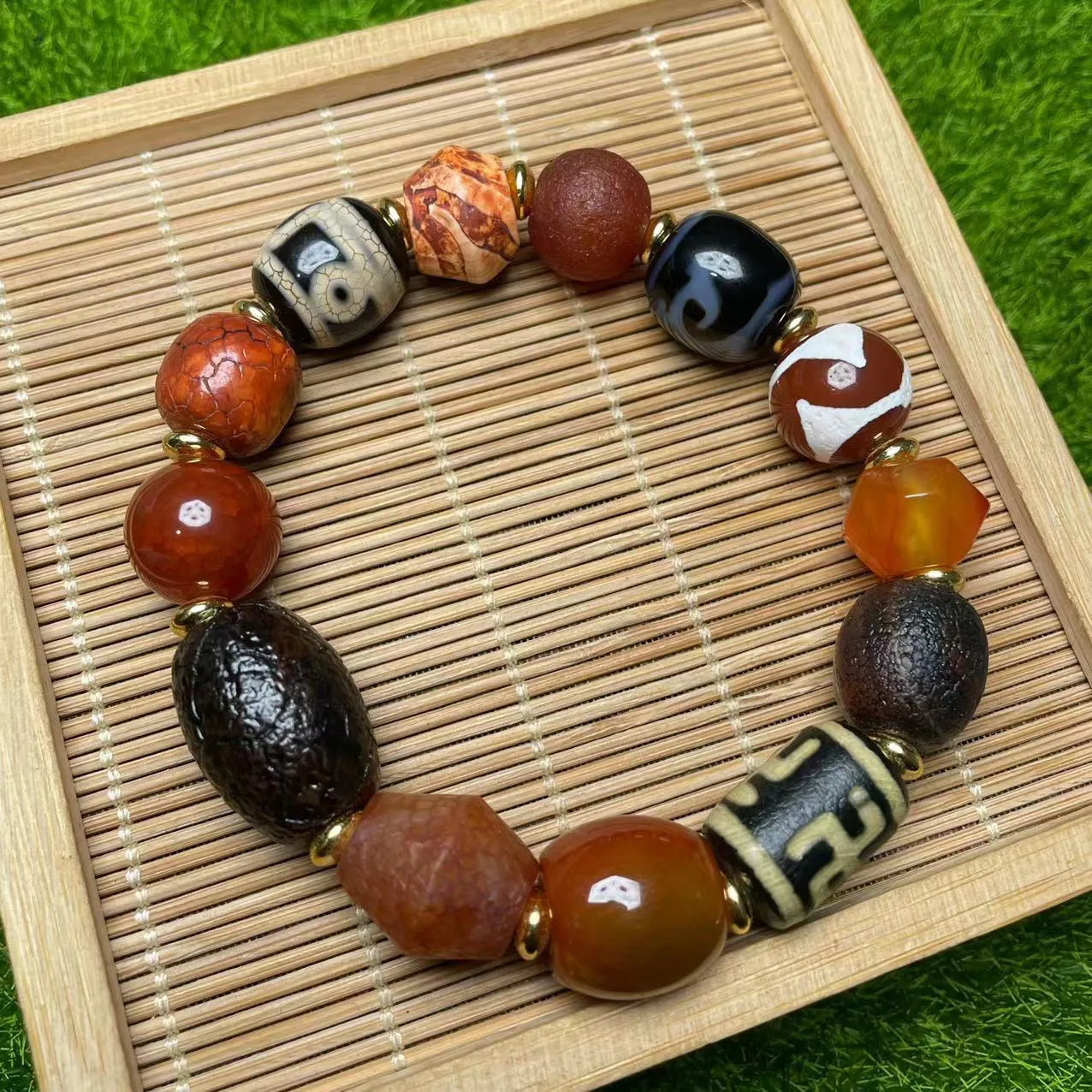 Chinese Tibetan Dzi Bead Multicolor Agate Old Glaze Bracelet Lucky Blessing Wealth Feng Shui Beaded Jewelry For Men Women Gifts