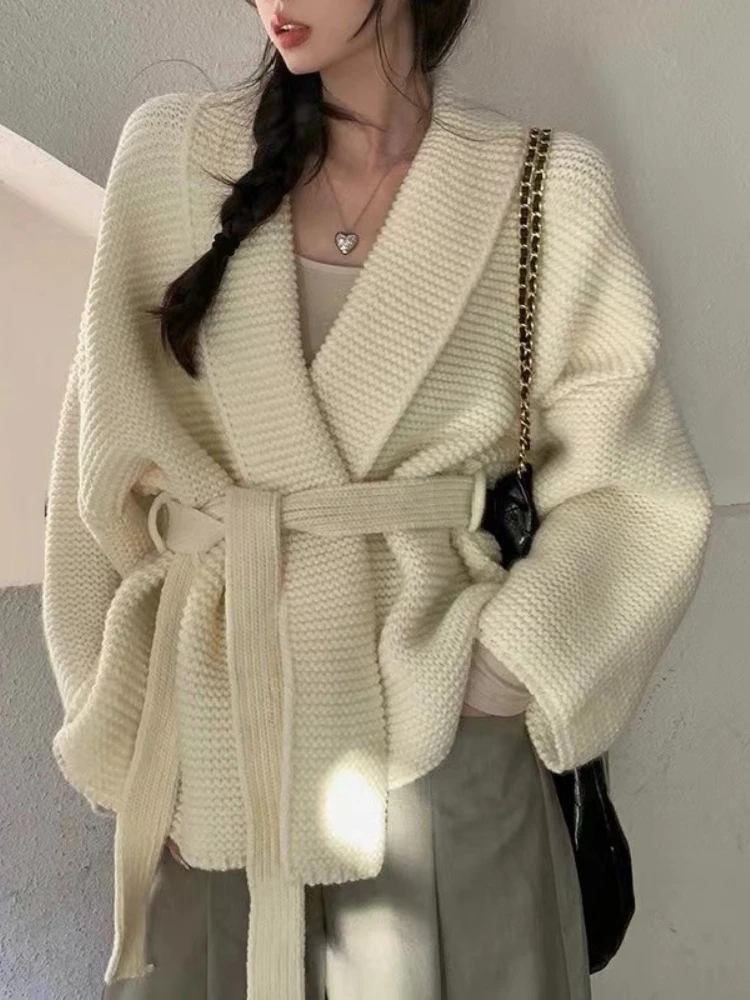 여성용 봄 브이넥 레이스업 니트 가디건 두꺼운 스웨터 코트 루즈핏 패션 출퇴근용 긴팔 가디건 스웨터