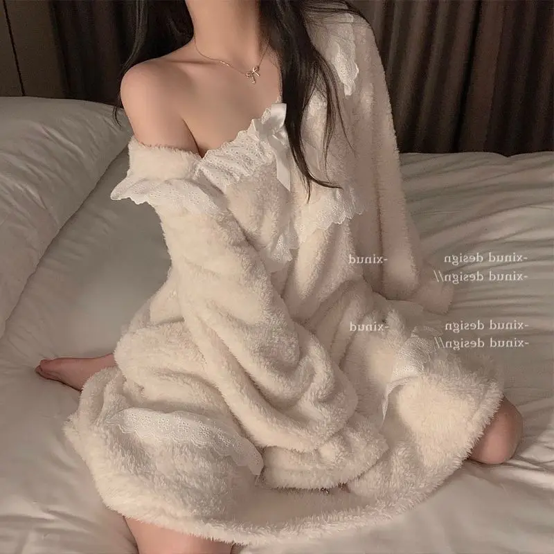 Lace Sleepwear Women Pajamas Set Winter Piiama Pants Warm 2 Pieces Fluffy Night Wears Pyjamas Square Collar Home Wear 2023 New