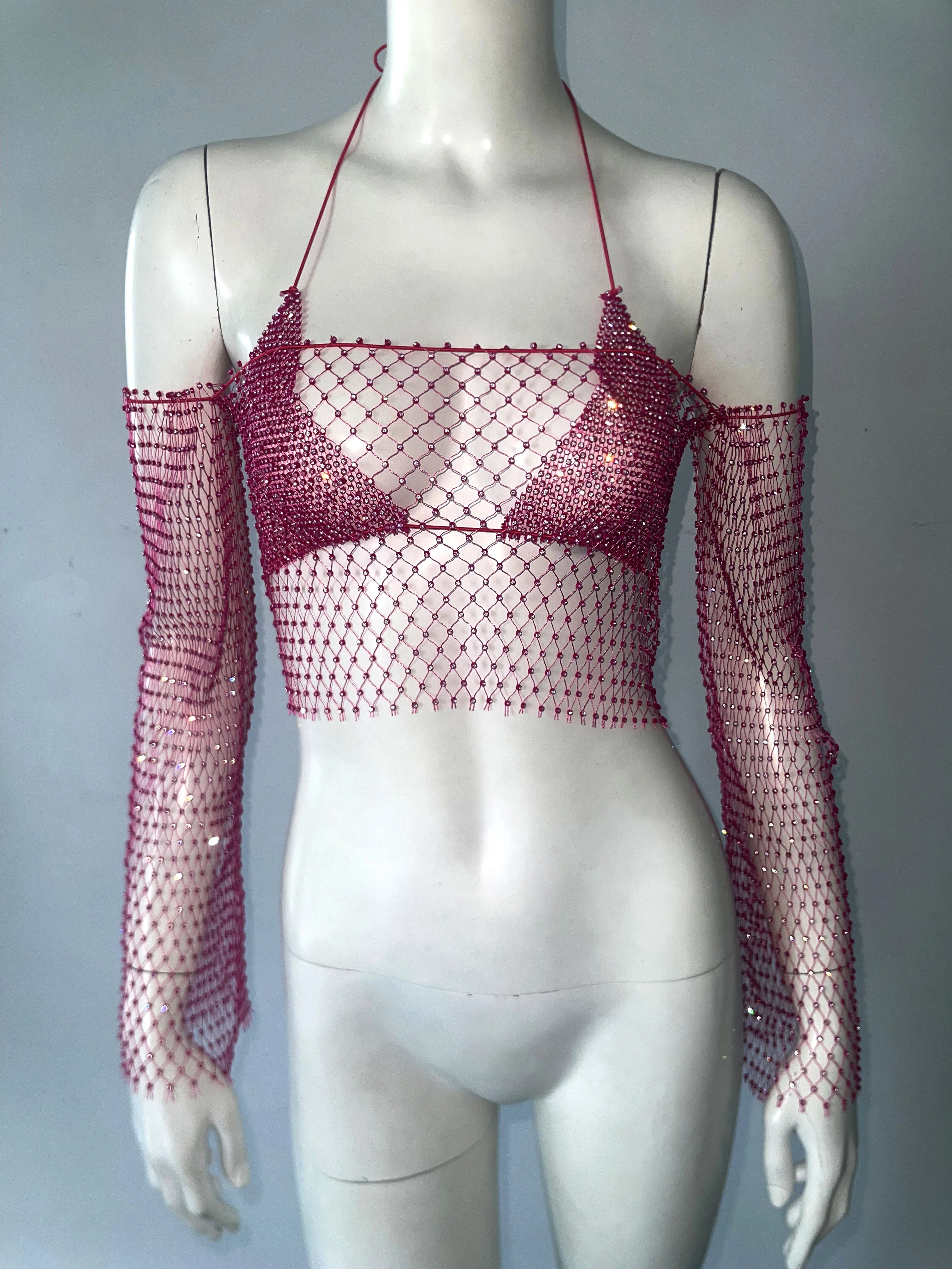 Women Sling Top 2 Piece Set Sexy Halter Neck Bra And Shiny Rhinestone See Through Mesh Off Shoulder T Short Beach Party Crop Top