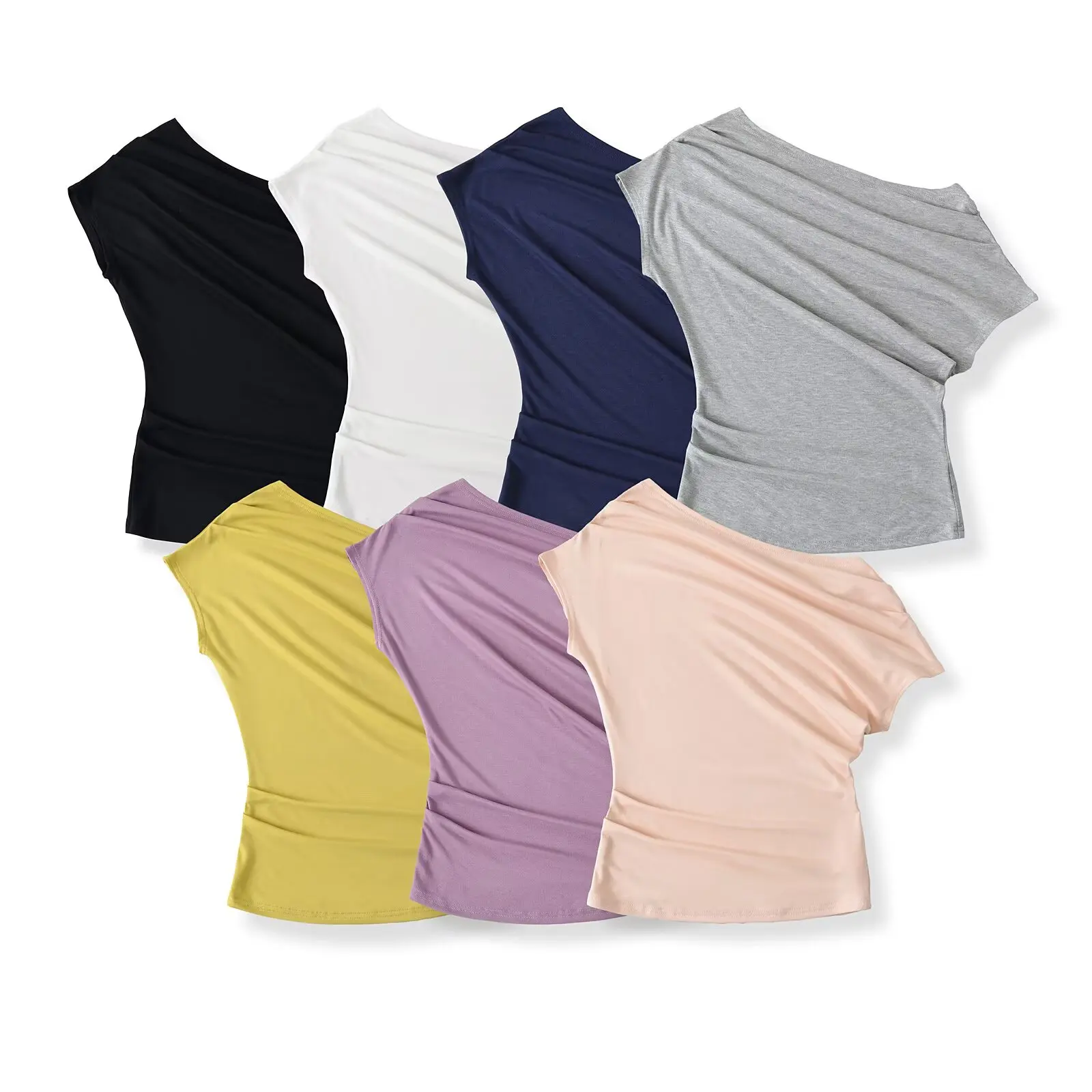 

New spicy girl sexy slim fit slash neck off shoulder pleated T-shirt
