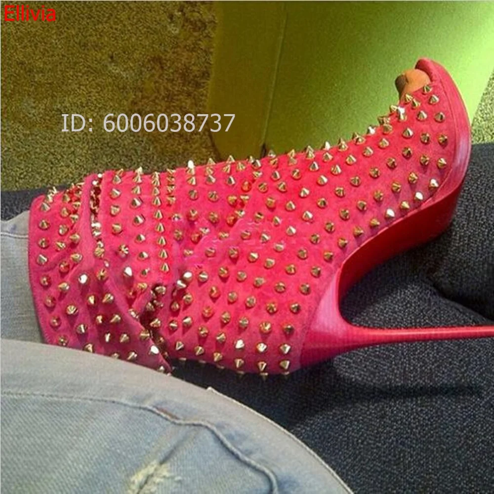 Women Peep Toe Studded Stiletto Ankle Boots Gold Spike Decor Thin Heel Open Toe Short Boots Fashion Dress Shoes Party Evening