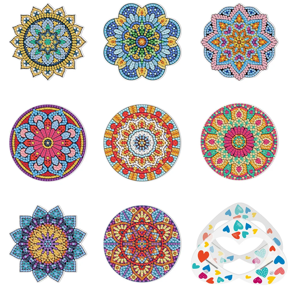 

8pcs DIY diamond painting coaster mandala pattern diamond mosaic embroidery desktop anti-scalding non-slip mat