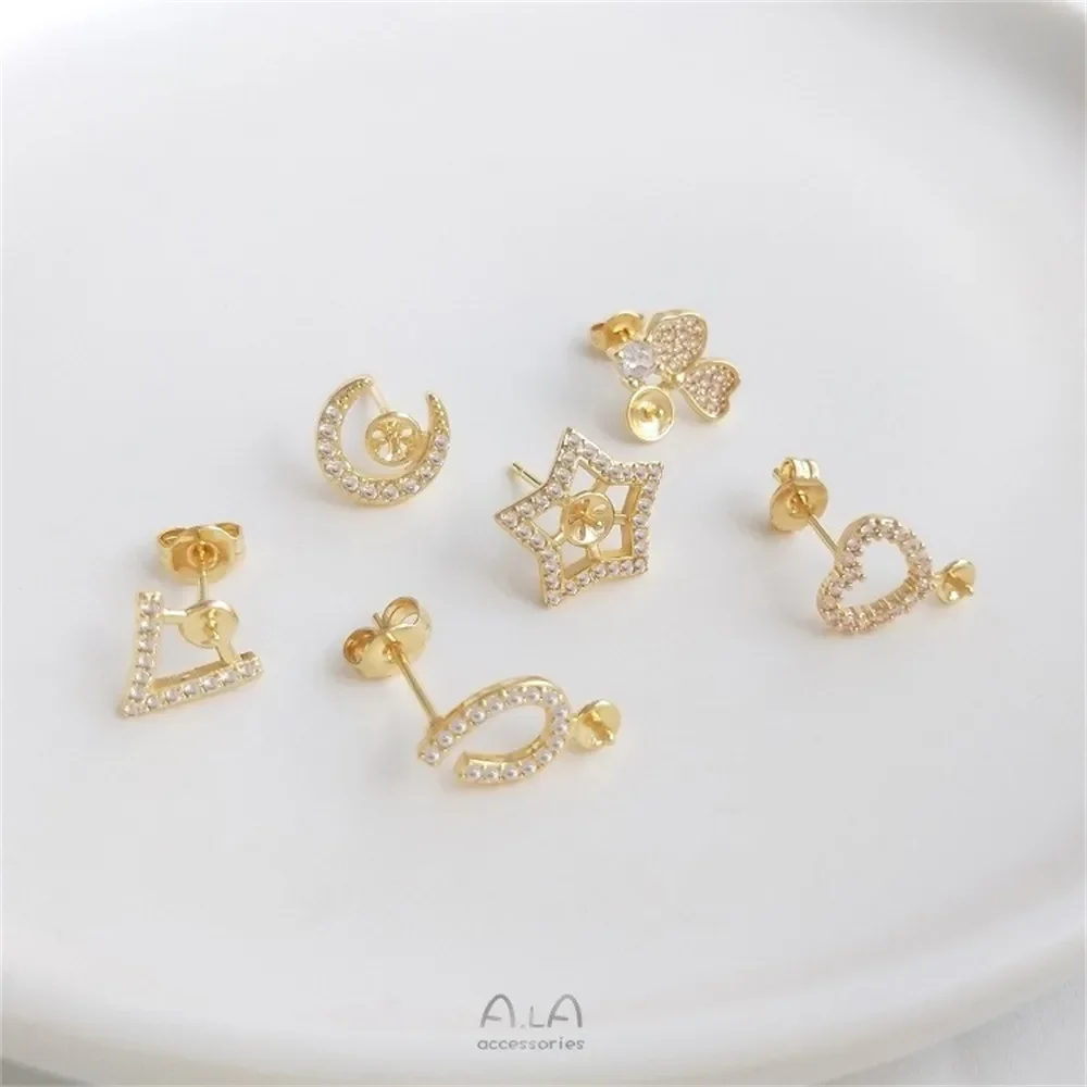 14K Gold Micro Inlaid Zircon V-shaped Moon Pentagonal Star Half Hole Pearl Earring DIY Earring Material E274