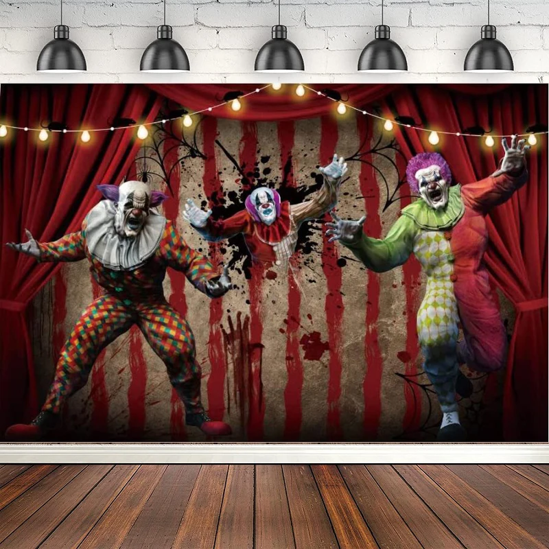 Photography Backdrop Horror Circus Halloween Giant Evil Clown Creepy Bloody Zombie Background Carnival Hallowmas Party Decor