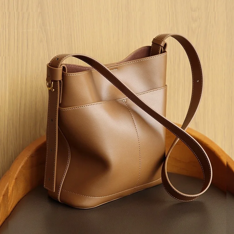 

Luxury Bucket Bag Female Genuine Leather 2024 New Cowhide Women's Bags Retro Armpit Shoulder Crossbody Bag Ladies Handbag Totes