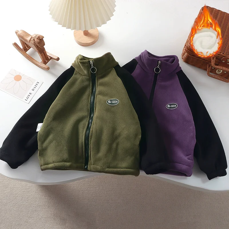 Autumn Winter Boys Girls Polar Fleece Thick Warm Jacket Fashion Color Blocking Letter Icon Sports Outerwear for Kids 1-14 Years