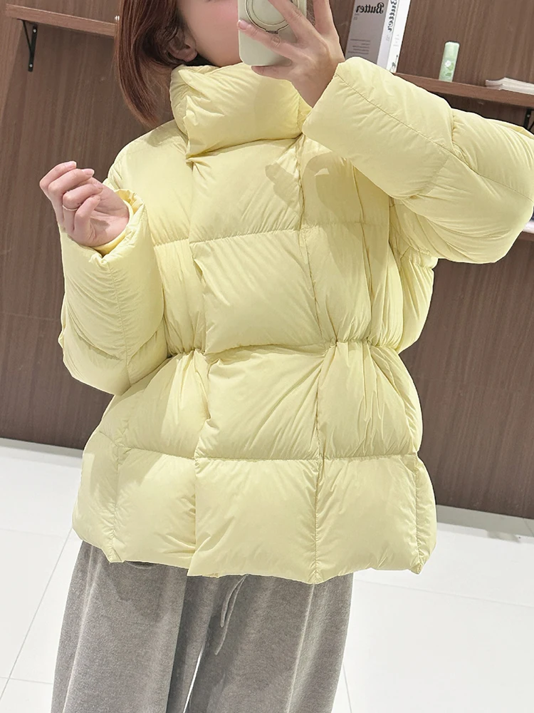 Lady's new winter short-sleeved down jacket with high collar and waist cinching design, loose and thick warm down coat