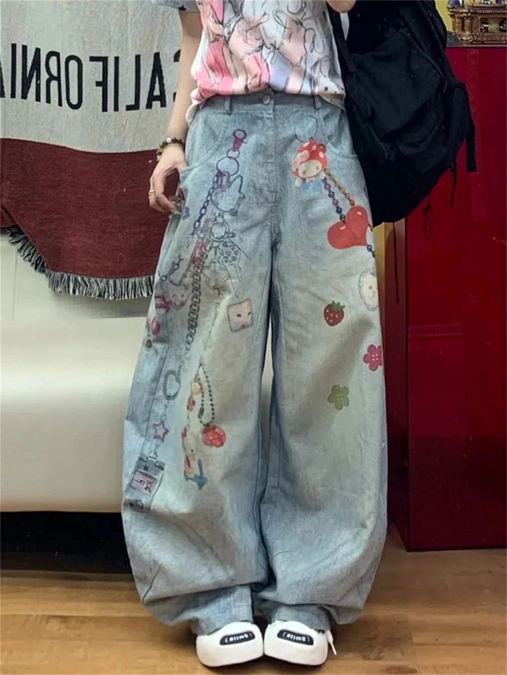 سراويل جينز نسائية أمريكية ريترو واسعة تناسب فضفاضة من قماش الدنيم Y2k فيبي سراويل واسعة الأرجل سراويل عالية الشارع يابانية جديدة