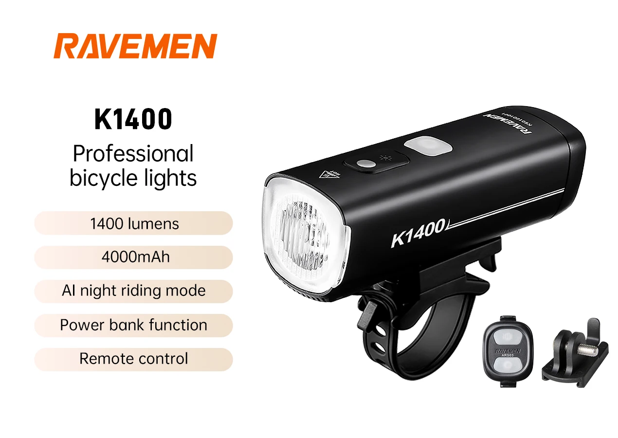 

Ravemen K1400Bike Front Light Bicycle With Upside-Down Mount Wireless Rechargeable Auto On-off Intelligent Daytime/Night Riding