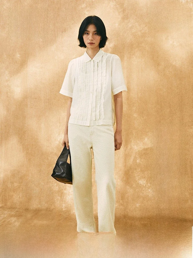 

H&M Women's Shirt Summer Tassel Trim Thin Weave Bubble Sleeve Pleated Collar Shirt 1306313 Polyester Lyocell Fiber Long Sleeve