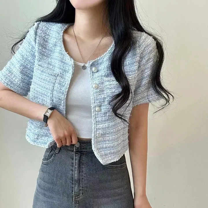 Żakiet tweedowy z frędzlami damski jesienny minimalistyczny zamszowy haftowany jednorzędowy prosty jedwabny miękki Harajuku prosty prążkowany bawełniany OL