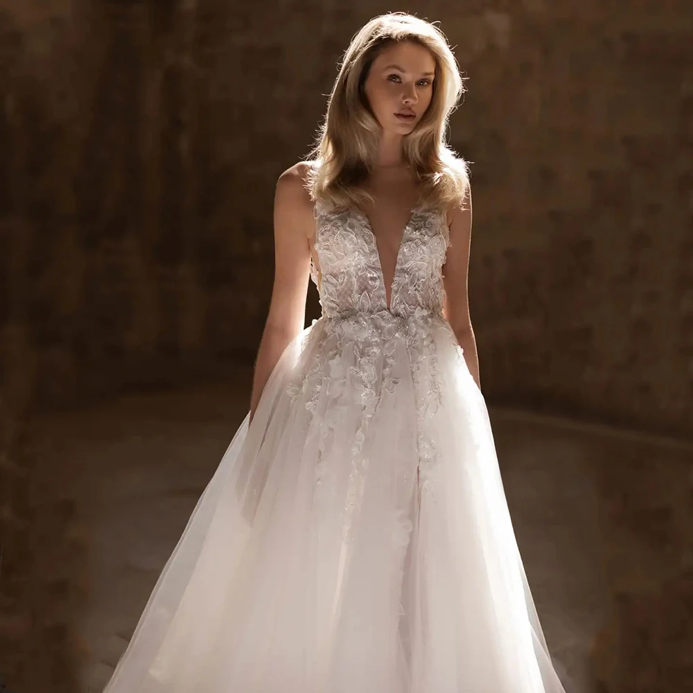 Exquisite V Neck Applique Wedding Dresses For Woman Sleeveless Side Silt Bridal Gowns Soft Tulles 2025 New vestidos de noviaEla