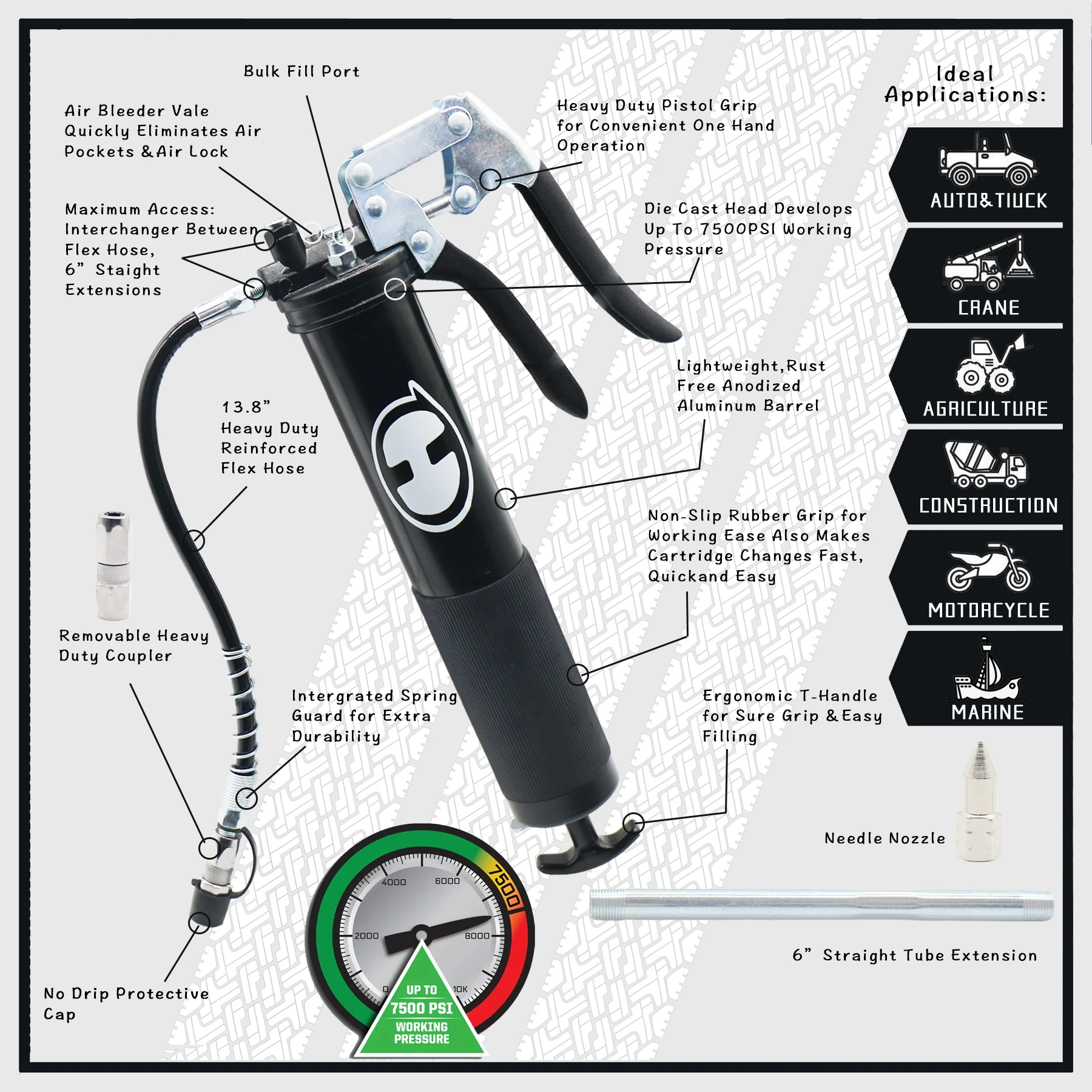 Heaqun 6000PSI Grease Gun Mini Pistol Grip Gun Set Syringe for Oil And Car Lubrication SUV Trucks with Flexible Extension Hose