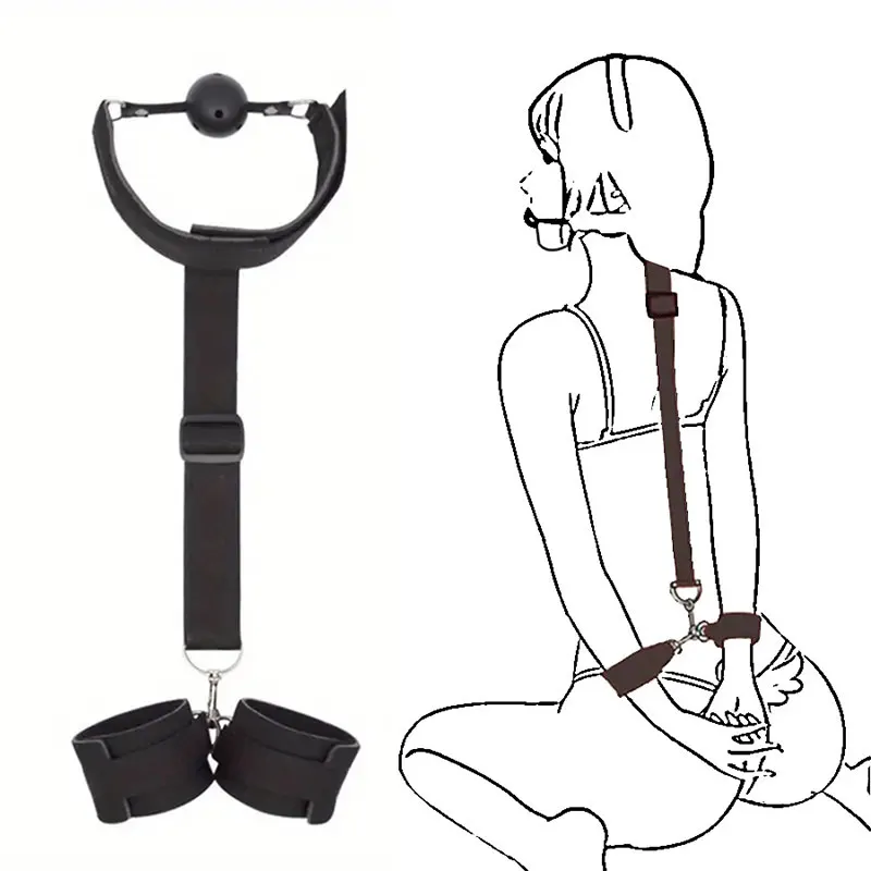 Cinturón de Bondage SM para adultos, puños traseros inversos, mordaza, juguetes de esclavo femenino, conjuntos de manos y cuello atados de cuero, juguetes sexuales para coqueteo para parejas femeninas