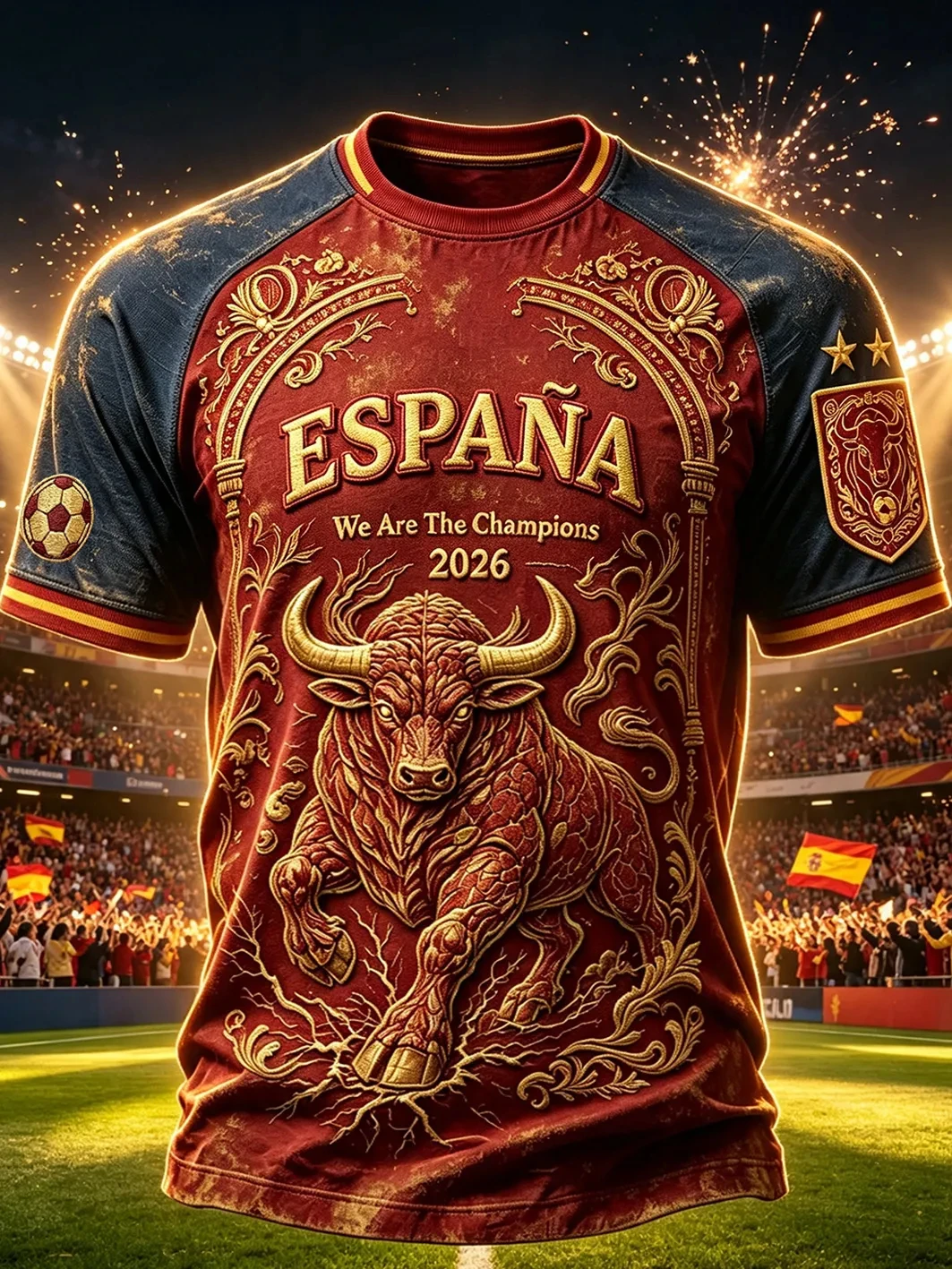 Spain Champions 2026 Football T Shirt Red Navy Gold Bull Graphic Short Sleeve Soccer Fan Jersey Stadium Celebration Casual Top
