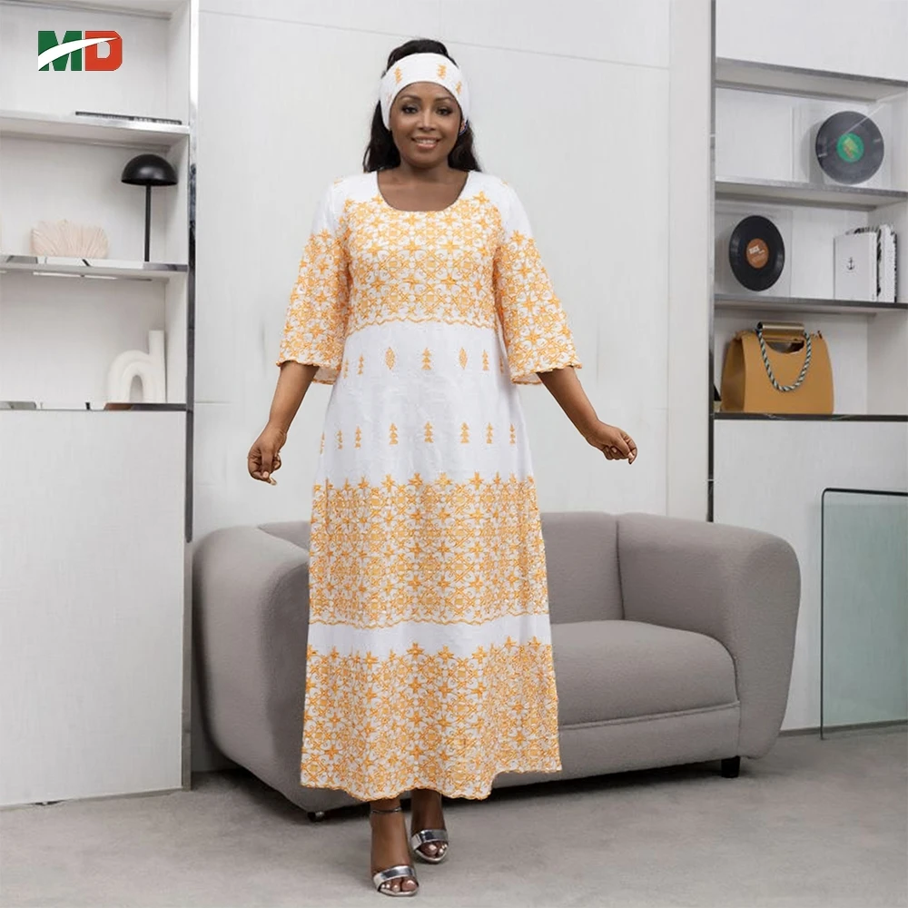 

MD African Women's Traditional Dress White Gold Embroidered Bazin Riche Outfit Bubu Gown Abayas Robe Kaftan Boubou Djellaba