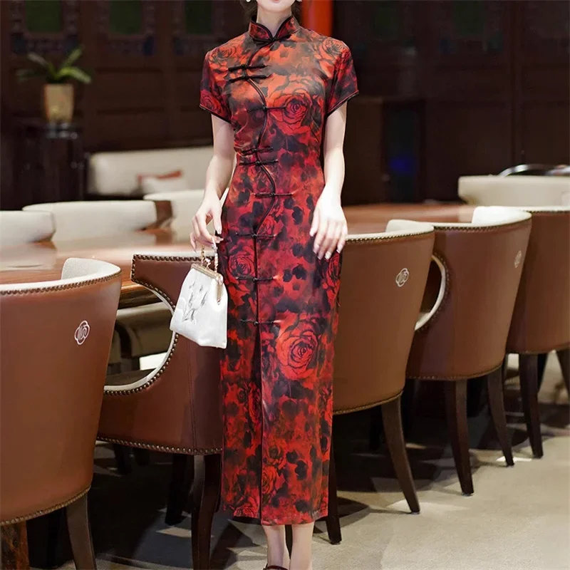 

Evening Party Dress Women Sexy Qipao Vintage Button Down Chesongam Chinese Style Dress Long Vestidos Dressing Robe Gown Oversize