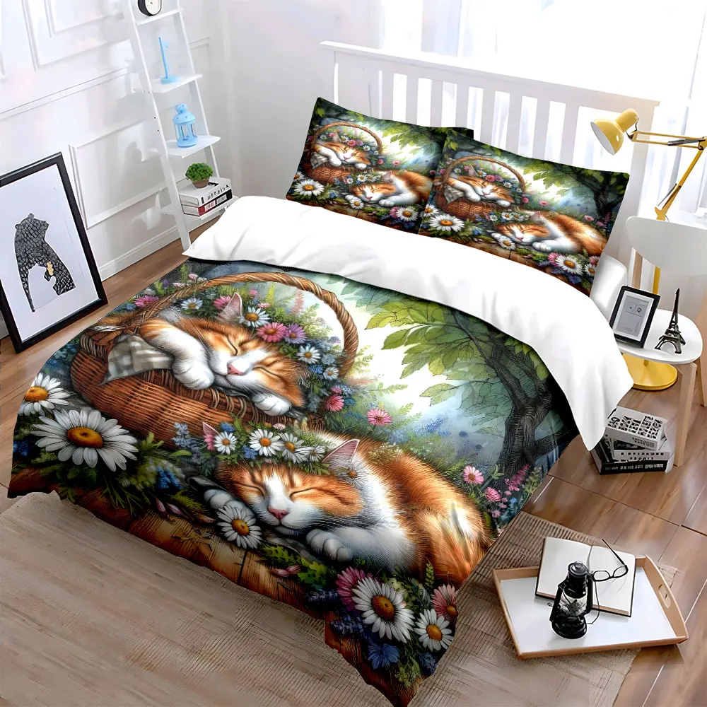 Adorable cats sleeping in flower basket Pattern Duvet Cover Set Digital Print Colorful Polyester Bedding with Zipper Closur