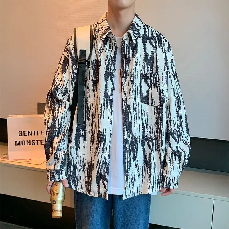 

Japanese Style Ice Silk Men Shark Print Shirt Long-sleeved Summer Male Blouse Clothing Chic Contrast Wear Hawaiian Blouse C80