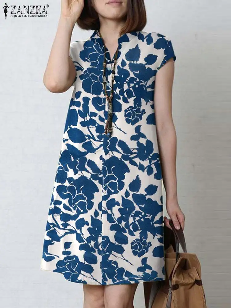 2024 Zomer Gebloemde Jurk Zanzea Vrouwen Vintage Korte Mouw V-Hals Vestidos Robe Femme Bohemian Fashion Zomerjurk Oversized