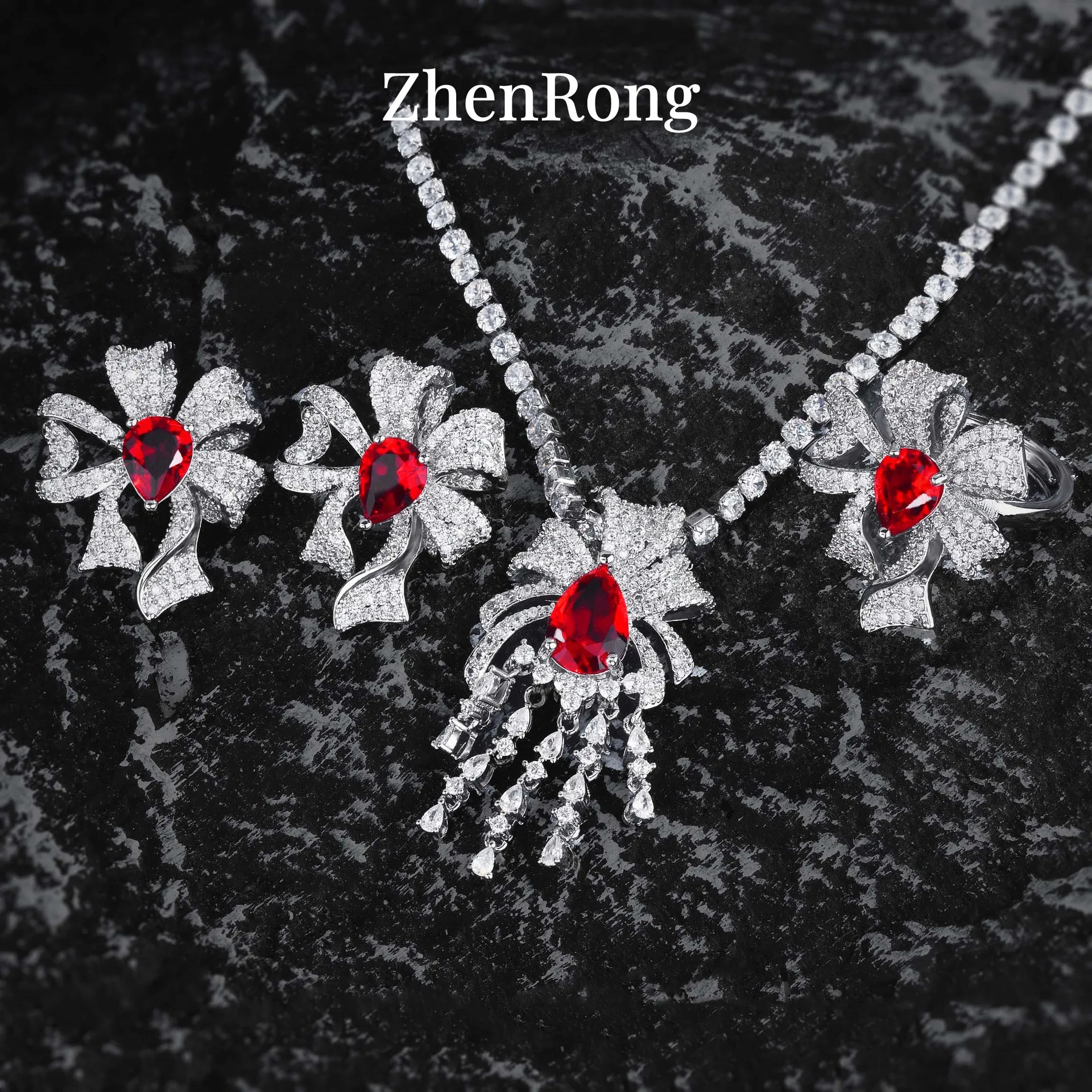 Light Luxury Noble S925 Sterling Silver Set Featuring Fringed Ruby Necklace Colorful Treasure Stud Earrings And Ring