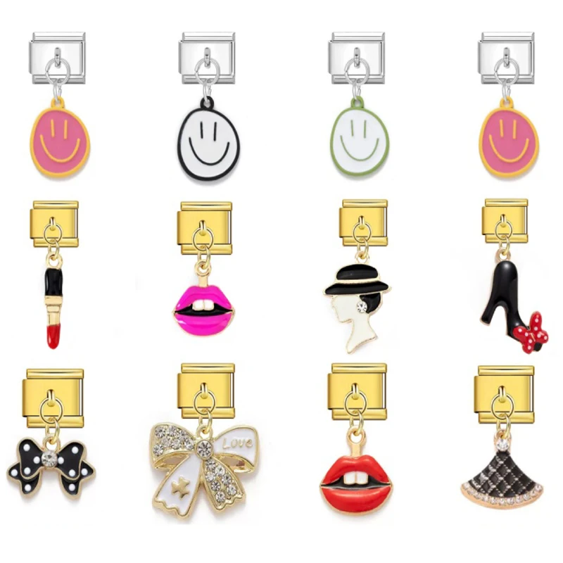 Smiling lipstick, Bow, Star High Heels, Pendant, Italian Charm, Suitable For 9mm Bracelet, Stainless Steel DIY Jewelry Wholesale