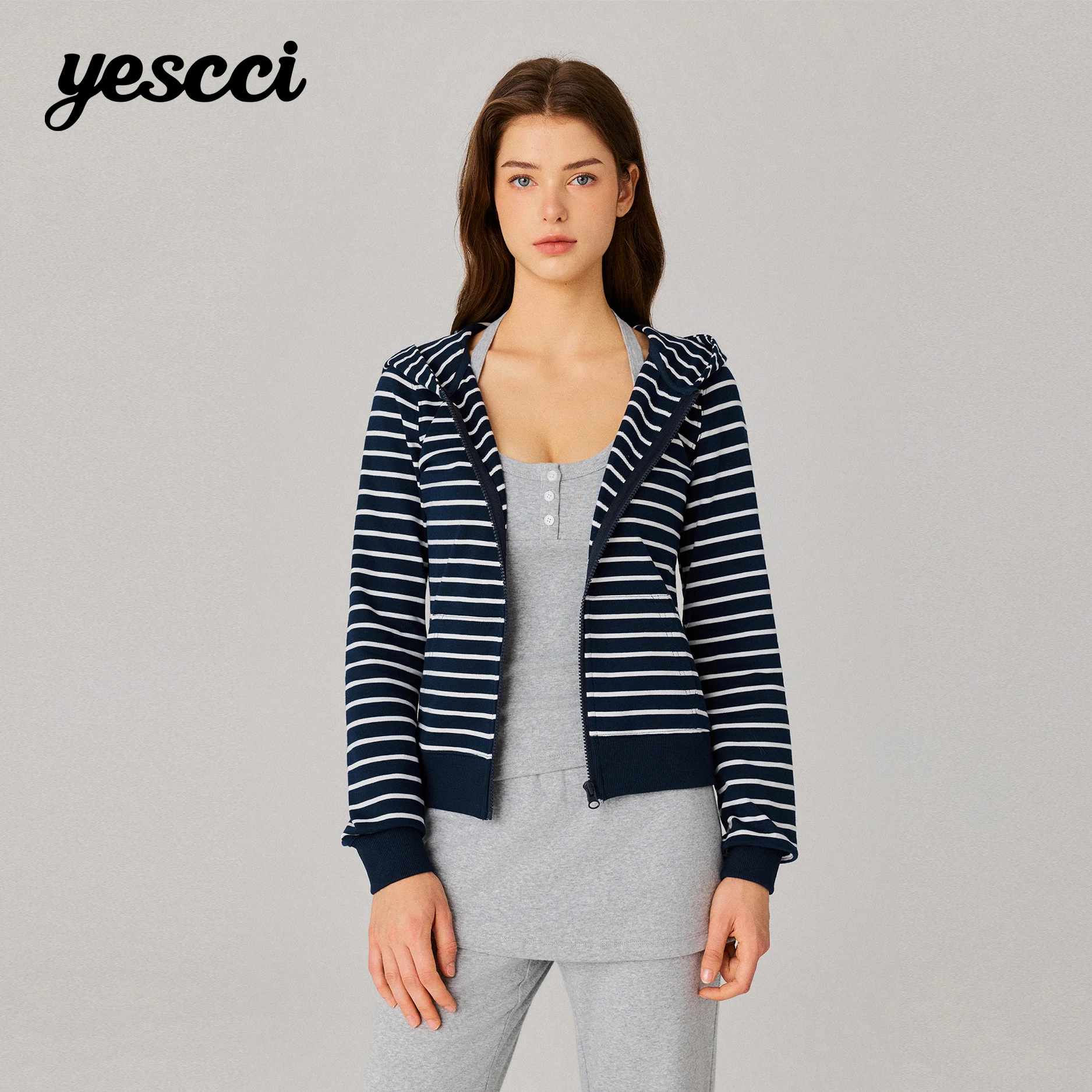 YESCCI Autumn Women's Jackets 2026 New Striped Hooded Knit Long Sleeve Coat With Pockets Rib Cuffs Casual Loose Tops Y436082183
