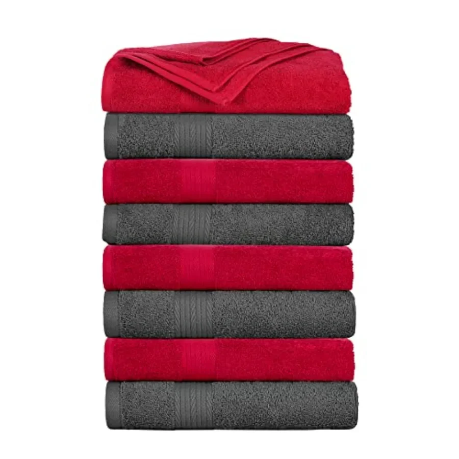 Bath Towels Set of 8 for Bathroom Hotel Spa Gym Kitchen 600 GSM 100 Cotton Grey Red Absorbent Soft Premium Quality Machine Wash
