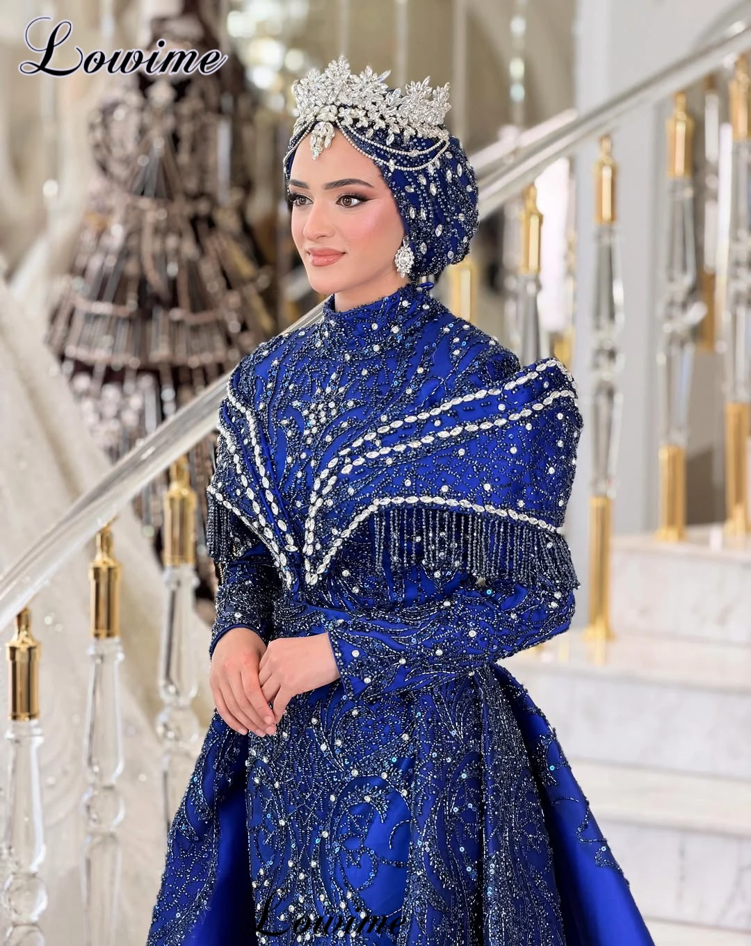 

Two Pieces Royal Blue Evening Dresses With Long Sleeves Dubai Muslim Celebrity Dresses Luxury Party robes de soirée Customized