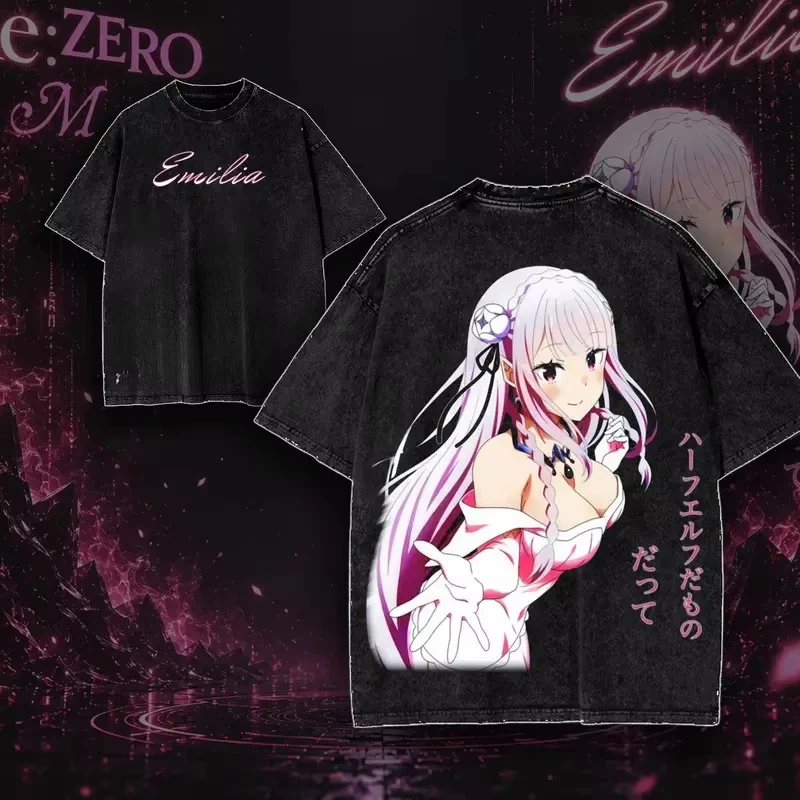 Hot Sale Anime Re ZERO Starting Life in Another World Emilia Graphic Print T-shirt Retro Washed Cotton Men Women Summer New Tee