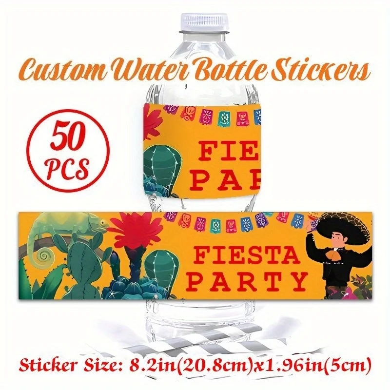 

50/100pcs Cinco de Mayo Custom Water Bottle Stickers 8.2x1.96in/20.8x5cm Fiesta Party Cactus Design Party Decor Bottle Labels