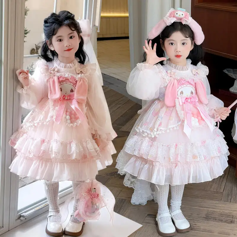 

Платье My Melody Girl в стиле Лолита, праздничное, с пышными рукавами, многоярусное, с оборками, с бантом, бальное платье, подарки на праздник
