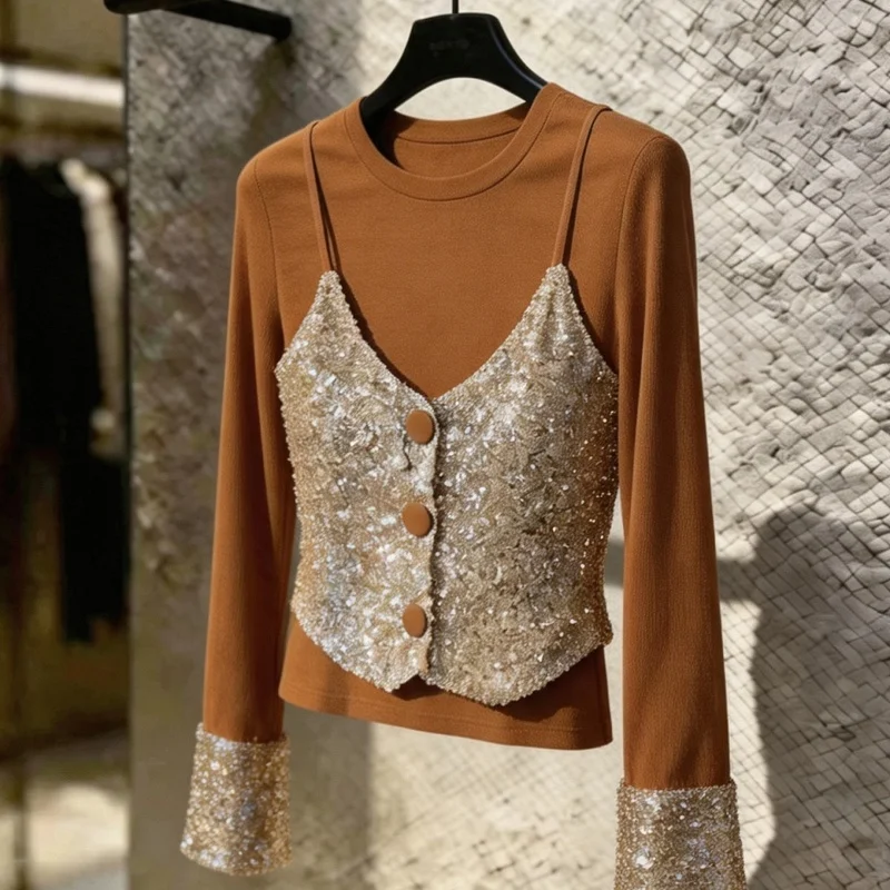 Women Spring Autumn Fake Two Piece Sequin Camisole Top Long Sleeve Round Neck Slim Fit Elegant Blouse with Button Detail