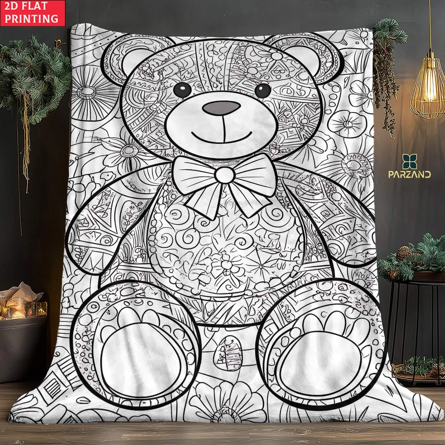 2D Flat 1pc Teddy Bear Line Art with Bow Outdoor Ultra Soft, Lightweight and Portable Flannel Blanket -Lightweight Home Furnishi