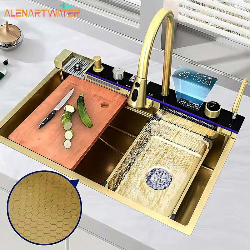 Golden Stainless Steel Kitchen Sink Double Waterfall Digital Display Sink Embossed Large Single Slot Multi-functional Wash Basin