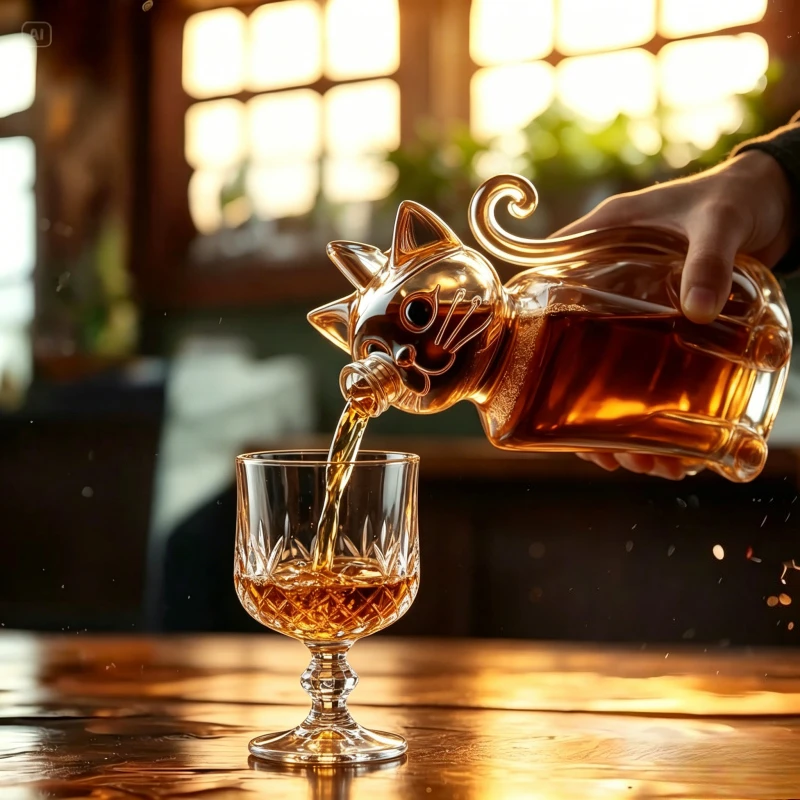 Cat Glass Whiskey Decanter Animal Shaped Liquor Bottle with Stopper for Home Bar Gift Collectible Ornament