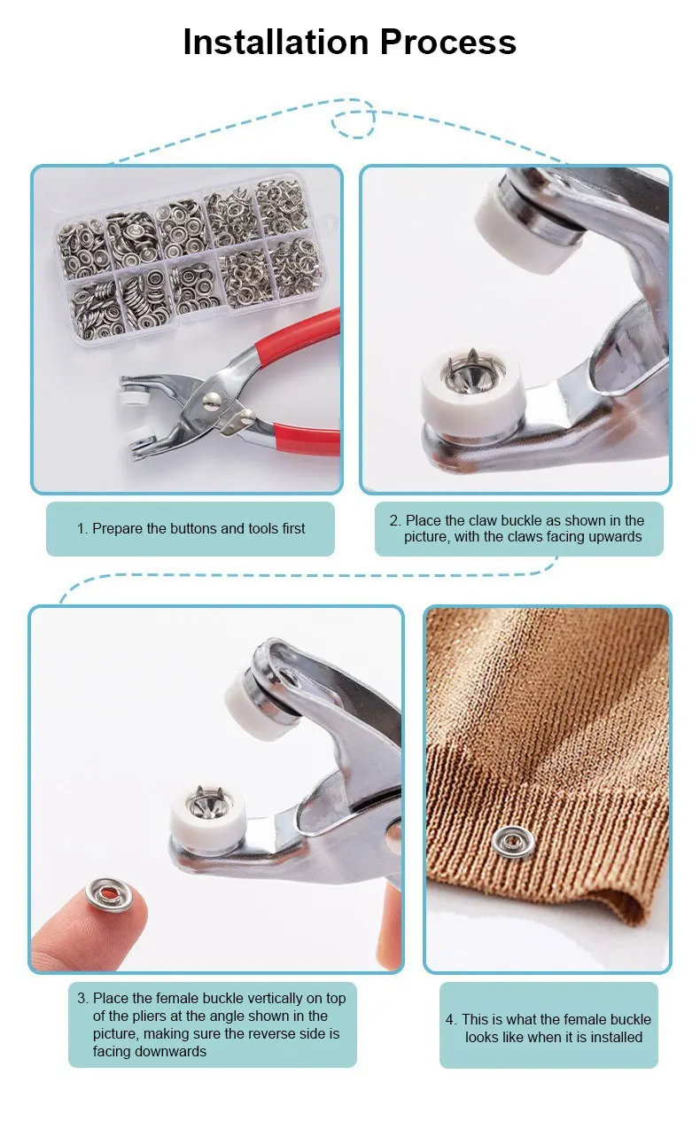 400 stücke Zinke Ringe 9,5mm Schnalle Knöpfe Metall Farbe Zange Druckknopf Klaue DIY Set Hand Druck Zange niet Schnalle Nähen Werkzeug – Detail 8