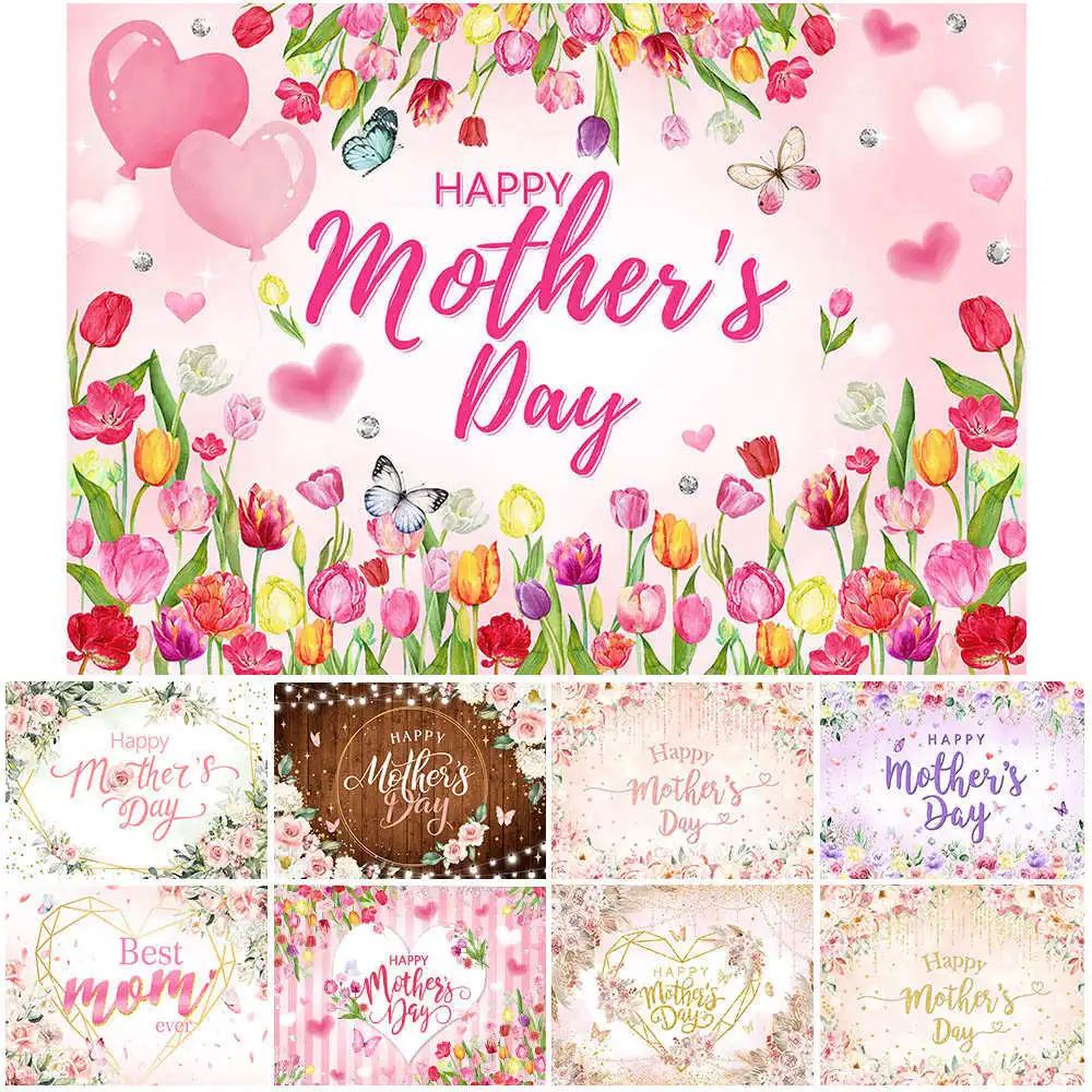 Mocsicka Happy Mother's Day Background Tulipa Pink and Purple Flower Best Mom Party Decor Backdrop Banner Studio Photocall Props