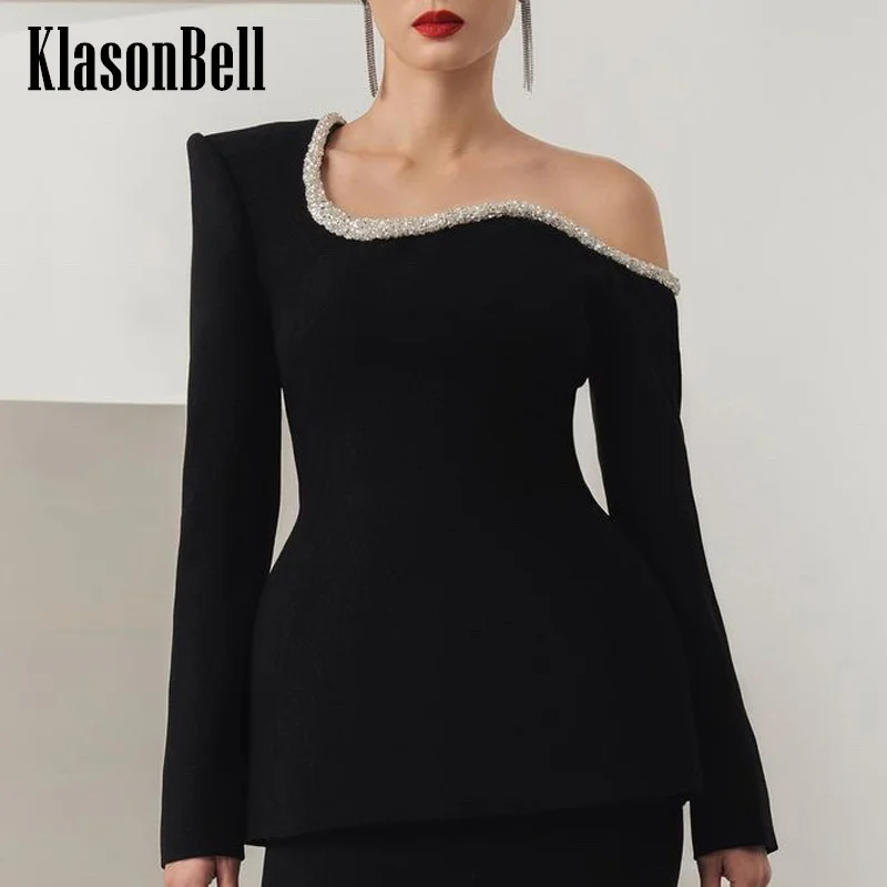 8.4 KlasonBell Women Elegant Sexy One Off-Shoulder Skew Collar Long Sleeve Blouse Autumn New Hand Beading Collect Waist Top