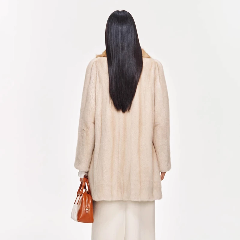 Ftangaiur New Winter Import Velvet Mink Fur Coat Sable Turn-Down Collar Mink Coat Women Medium Natural Real Mink Fur Coats