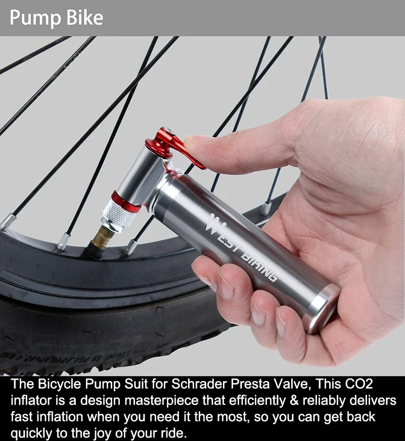 WEST BIKING Portable Bicycle CO2 Pump Aluminum Alloy Ultralight Tire Inflator Cycling Schrader & Presta Mini Bike CO2 Injector