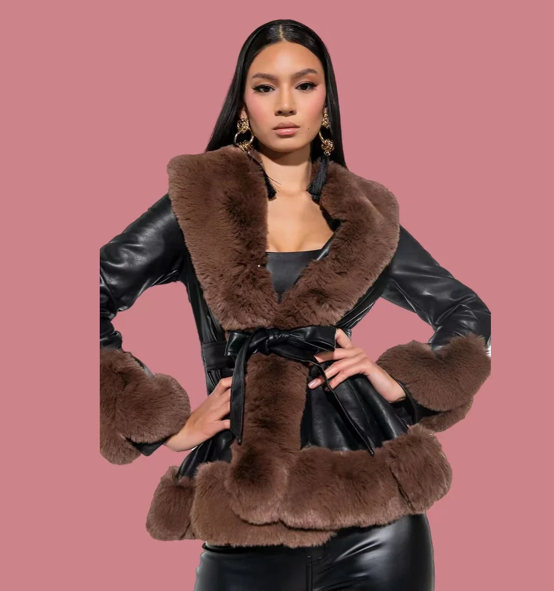 Short Faux Fur Trimmed Leather  Coat Women Fur Coat With Fur Collar Cuff Leather Autumn And Winter Jacket  Women