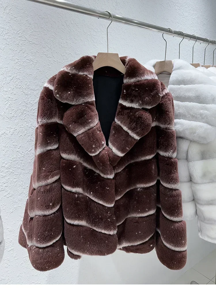 New Fashion Autumn Winter Warm Women's Natural Real Rex Rabbit Fur Coat Thick Jacket Luxury Female Streetwear Long Sleeve