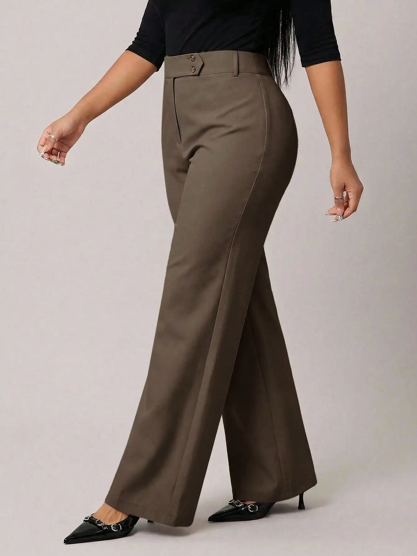 Radiana Women High Waist Relaxed Fit Wide Leg Elegant Pants With Button Detail Brown